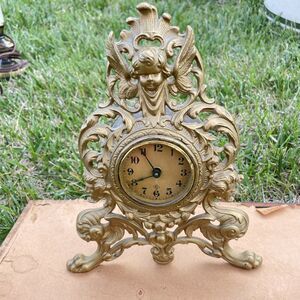 Antique WM L GILBERT Cast Metal Gold Clock 1892 Cherubs Baby Angel Ornate - HN